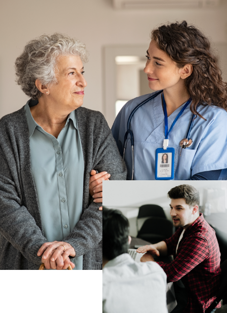 Woman nurse smiling at older woman, Man talking to coworker