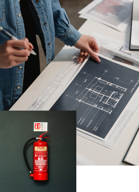 Fire extinguisher and woman marking up a blueprint